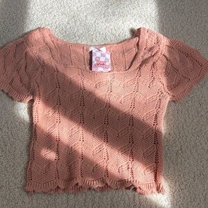 Ultra Flirt Peach Crochet Short Sleeve Knit Top